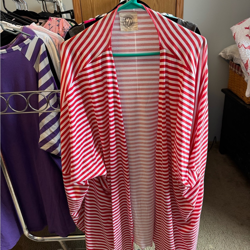 Red and White Striped Open Cardigan